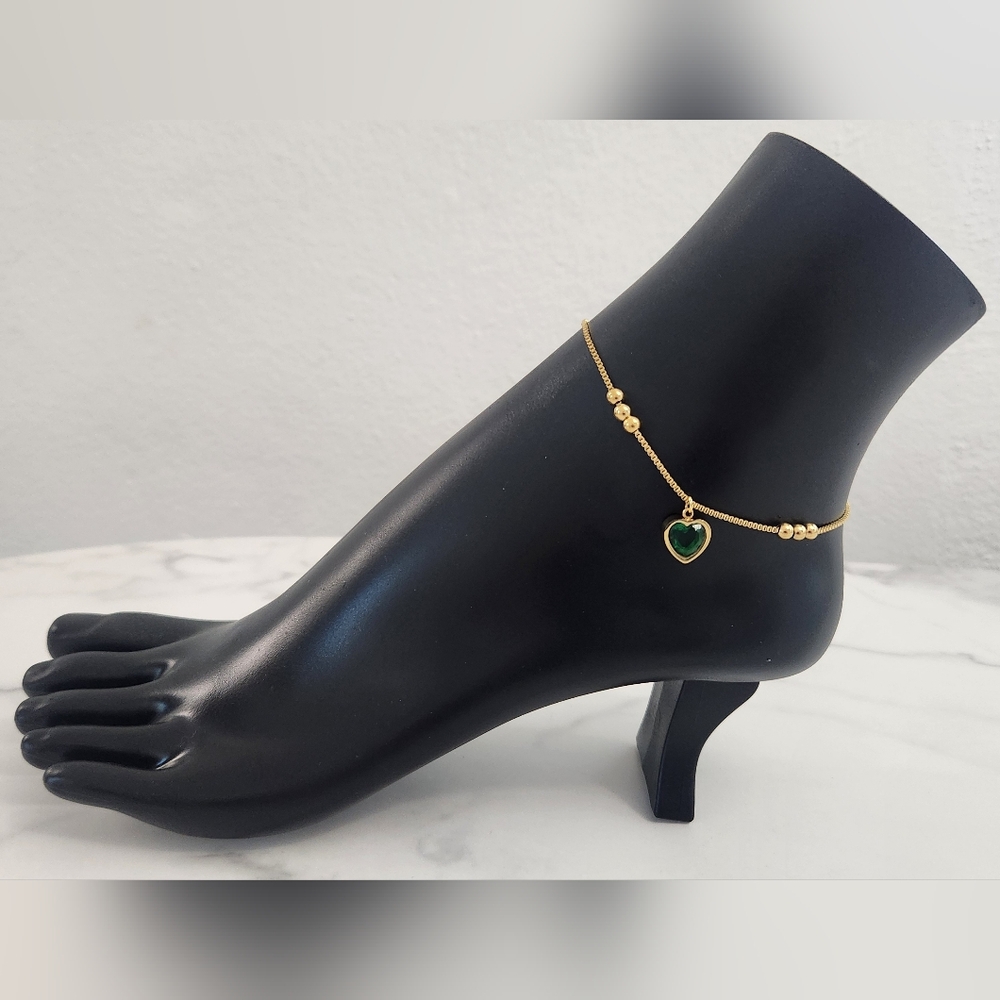 Gold Plates Beaded Anklet Bracelet with Emerald Green Heart Charm - Picture 11 of 14